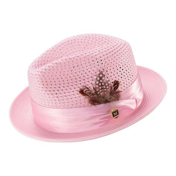 MONTIQUE MEN'S PINK COLOR PINCH BRAIDED FEDORA WITH MATCHING SATIN RIBBON. H34 - Picture 1 of 1